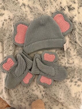 Baby Grey Knit Elephant Hat & Mittens Set with Pink Accents